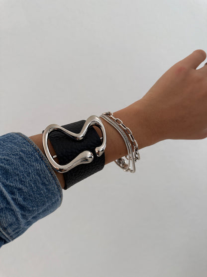 Curved Metal Leather Cuff