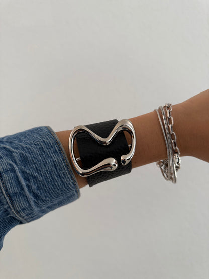 Curved Metal Leather Cuff