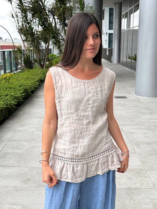 Sleeveless Linen Shirt with Crochet Trim
